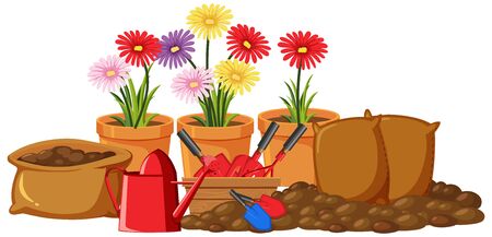 Gardening tools and colorful flowers on white background illustrationのイラスト素材
