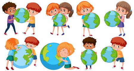 Happy boys and girls holding earth on white background illustrationのイラスト素材
