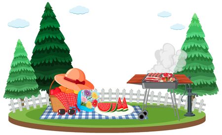 Scene with BBQ grill and picnic basket in the garden illustrationのイラスト素材