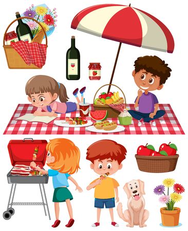 Picnic set with BBQ grill and food on white background illustrationのイラスト素材