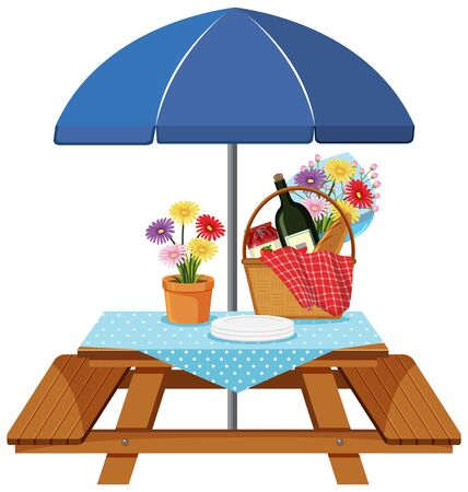 Picnic table with food and drink on the table illustrationのイラスト素材