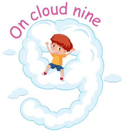 English idiom with picture description for on cloud nine on white background illustrationのイラスト素材