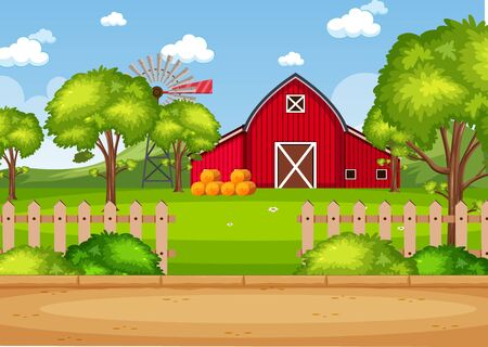 Background scene with red barn on the farm illustrationのイラスト素材