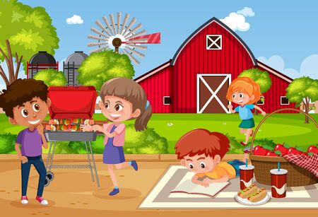 Background scene with kids eating in the park illustrationのイラスト素材