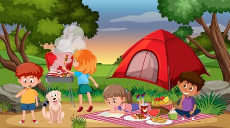 Scene with happy children camping and having picnic in the park illustrationのイラスト素材