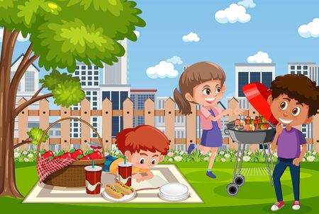 Background scene with kids eating in the park illustrationのイラスト素材
