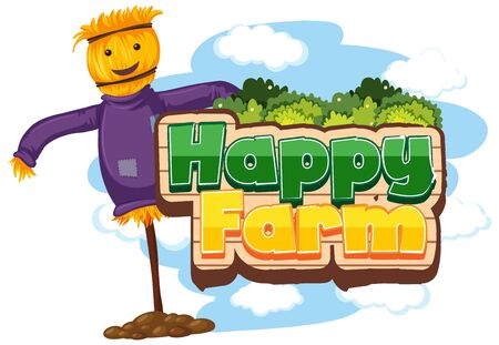 Font design for happy farm with scarecrow on white background illustrationのイラスト素材