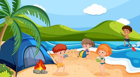 Scene  with many kids playing on the beach illustrationのイラスト素材
