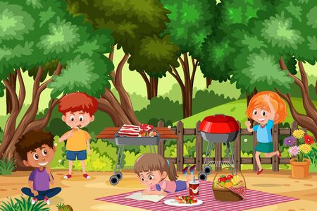 Background scene with happy kids eating in the park illustrationのイラスト素材