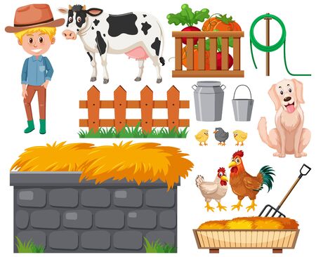 Set of farming items and farmer on white background illustrationのイラスト素材