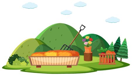 Farm scene with bucket of vegetables and hay  illustrationのイラスト素材