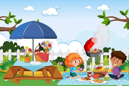 Scene with happy children eating in the park illustrationのイラスト素材