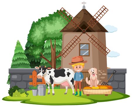 Farm scene with farmer and animals on the farm illustrationのイラスト素材