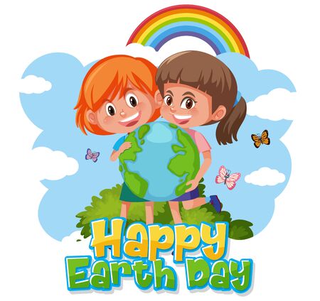 Poster design for happy earth day with two girls in the park illustrationのイラスト素材