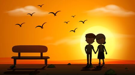 Silhouette scene wtih old couple holding hands at night time illustrationのイラスト素材