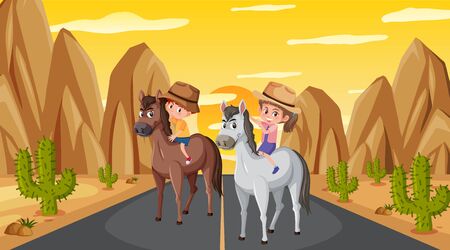 Scene with two kids riding horses on the road illustrationのイラスト素材