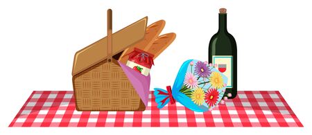 Picnic basket and bottle of wine on the mat illustrationのイラスト素材