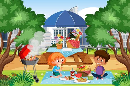 Scene with kids having picnic in the park illustrationのイラスト素材