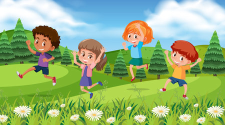 Scene with happy kids in the park illustrationのイラスト素材