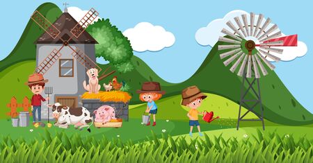 Farm scene with many kids and animals on the farm illustrationのイラスト素材