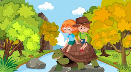Scene with happy kids and animals in the park illustrationのイラスト素材