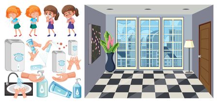 Set of sick children with hand cleaning steps and room background illustrationのイラスト素材