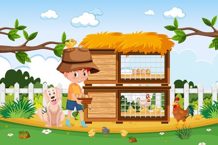 Farm scene with farmboy and chickens on the farm illustrationのイラスト素材