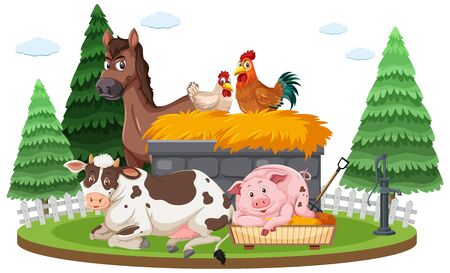 Farm scene with many animals on the farm illustrationのイラスト素材