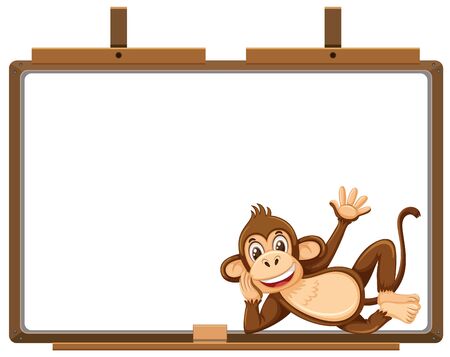 Monkey cartoon character and blank banner on white background illustrationのイラスト素材