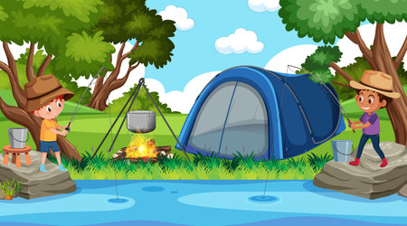 Scene with happy boys fishing by the river illustrationのイラスト素材