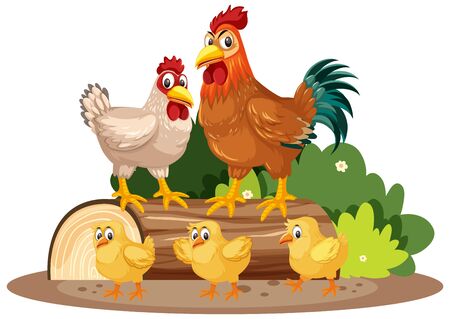 Chickens and little chicks in the park illustrationのイラスト素材