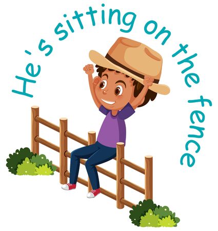 English idiom with picture description for sitting on the fence on white background illustrationのイラスト素材