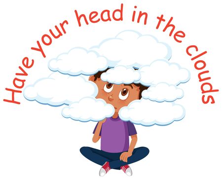 English idiom with picture description for have your head in the clouds on white background illustrationのイラスト素材