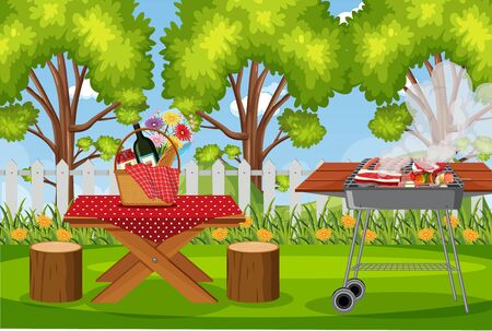 Scene with BBQ grill and food on picnic table in the park illustrationのイラスト素材