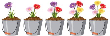 Colorful flowers in metal buckets on white background illustrationのイラスト素材