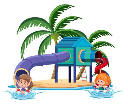 Kids playing in play ground in the tropical island on white background illustrationのイラスト素材