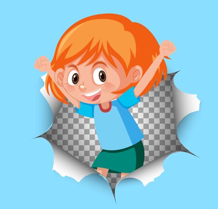 Background template design with happy girl on blue paper illustrationのイラスト素材
