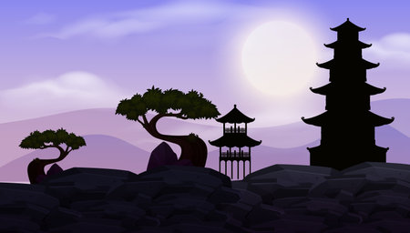 Background scene with dark sky and japanese temple illustrationのイラスト素材