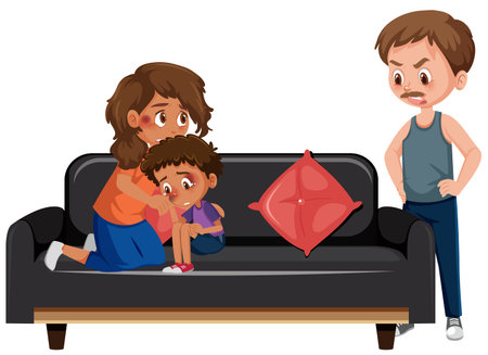 Violence scene with father bullying family on white background illustrationのイラスト素材