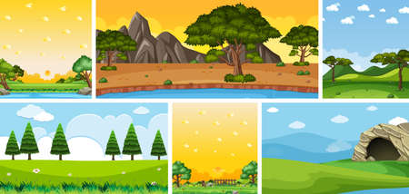 Set of different nature place scene in vertical and horizon scenes at daytime illustrationのイラスト素材