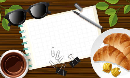Blank note and pancake close up on desk background with some leaves props illustrationのイラスト素材