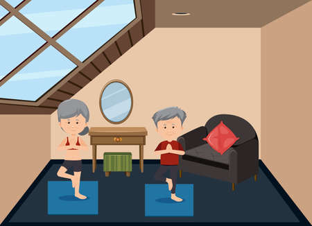 Background scene old couple doing yoga at home illustrationのイラスト素材