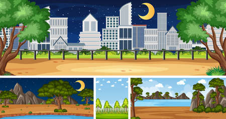 Four background different nature scenes with green trees in different times illustrationのイラスト素材