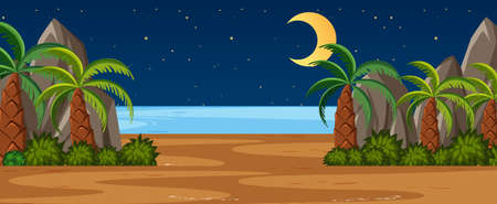 Horizon nature scene or landscape countryside with palm trees by the beach view and moon in the sky at night illustrationのイラスト素材