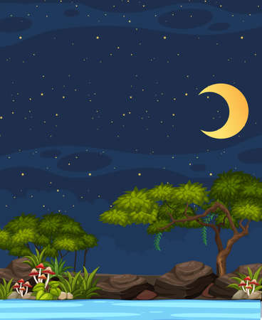 Vertical nature scene or landscape countryside with forest riverside and blank sky at night illustrationのイラスト素材