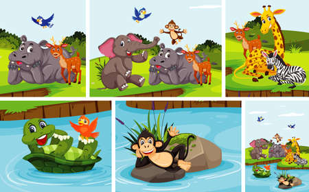 Set of happy wild animal in nature background illustrationのイラスト素材