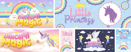Cute unicorn banner on pastel background color illustrationのイラスト素材