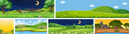 Set of different nature place scene in vertical and horizon scenes at daytime and night illustrationのイラスト素材