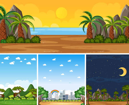 Four background different nature scenes with green trees in different times illustrationのイラスト素材