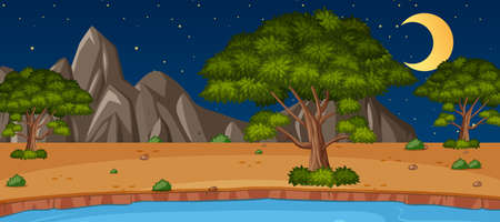 Horizon nature scene or landscape countryside with forest view and moon in the sky at night illustrationのイラスト素材